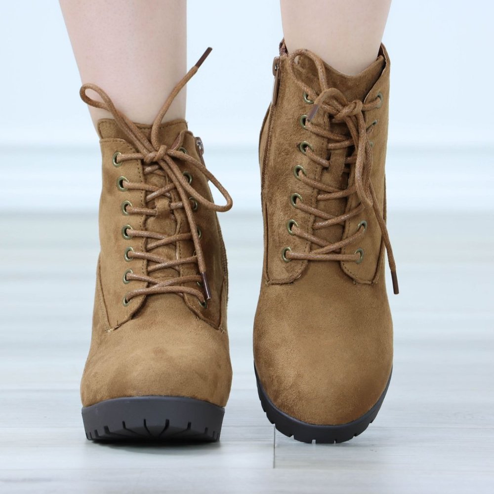 Tan Ankle Boots Chunky Block Lug High Heel Booties Lace-Up - Picture 8 of 12